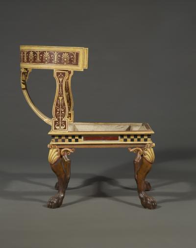 11665 AN UNUSUAL AND LARGE PAIR OF ETRUSCAN PAINTED KLISMOS INSPIRED CHAIRS