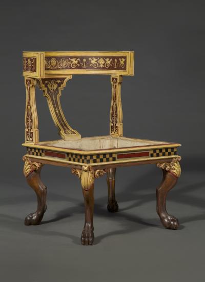 11665 AN UNUSUAL AND LARGE PAIR OF ETRUSCAN PAINTED KLISMOS INSPIRED CHAIRS