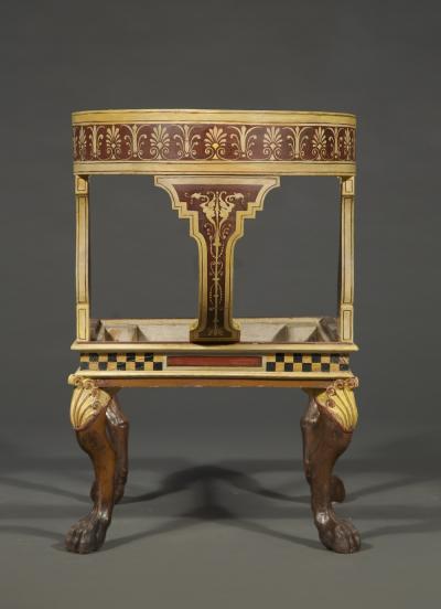 11665 AN UNUSUAL AND LARGE PAIR OF ETRUSCAN PAINTED KLISMOS INSPIRED CHAIRS