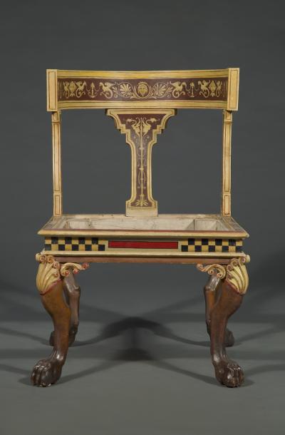 11665 AN UNUSUAL AND LARGE PAIR OF ETRUSCAN PAINTED KLISMOS INSPIRED CHAIRS