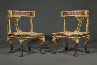 11665 AN UNUSUAL AND LARGE PAIR OF ETRUSCAN PAINTED KLISMOS INSPIRED CHAIRS