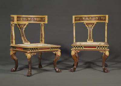 11665 AN UNUSUAL AND LARGE PAIR OF ETRUSCAN PAINTED KLISMOS INSPIRED CHAIRS