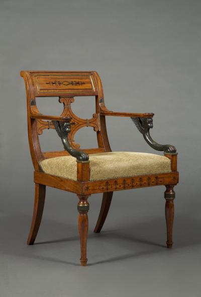 11701 PAIR OF NEOCLASSICAL EBONY AND GILT BRASS INLAID ARMCHAIRS