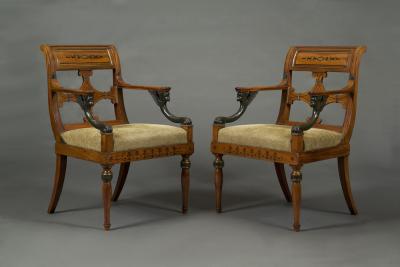 11701 PAIR OF NEOCLASSICAL EBONY AND GILT BRASS INLAID ARMCHAIRS