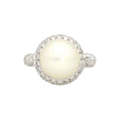12 3MM SouthSea White Pearl and Round Cut Pave Diamond Ring in 18k White Gold
