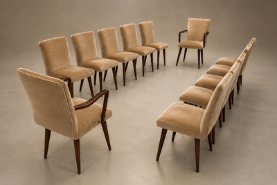12 Brazilian Rosewood and Mohair Dining Chairs Including Two Head Chairs