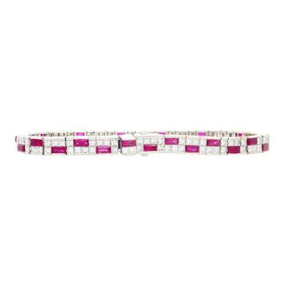 12 Carat Channel Set Art Deco Style Ruby Diamond Bracelet in 18k White Gold