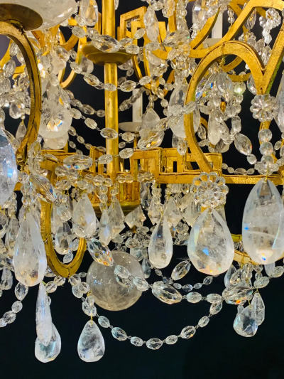 12 Light Gilt Metal Rock Crystal Chandelier Hollywood Regency in Style