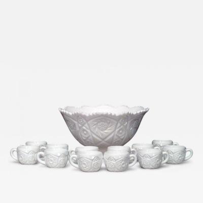 13 Piece American Art Deco Imperial Milk Glass Punch Bowl Set