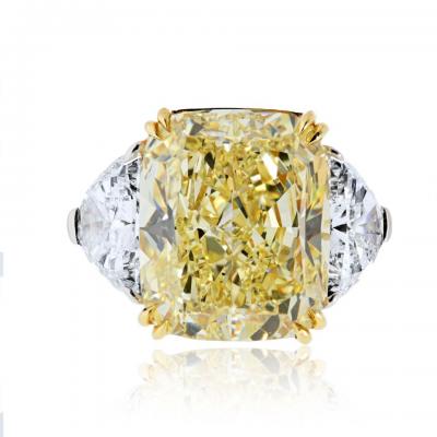 13 ct Cushion Cut Fancy Yellow GIA Diamond Three Stone Diamond Engagement Ring