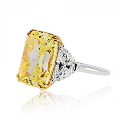 13 ct Cushion Cut Fancy Yellow GIA Diamond Three Stone Diamond Engagement Ring