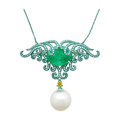 14 89 Carat Minor Oil Colombian Emerald Green Gold Enamel Art Nouveau Necklace