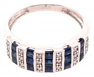14 Karat White Gold Blue Sapphire and Diamond Band Ring 0 18 TDW