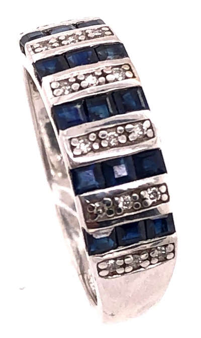 14 Karat White Gold Blue Sapphire and Diamond Band Ring 0 18 TDW