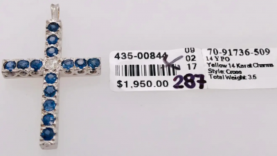 14 Karat White Gold Diamond and Blue Sapphire Cross Pendant