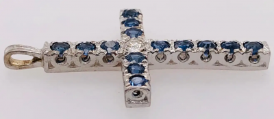 14 Karat White Gold Diamond and Blue Sapphire Cross Pendant