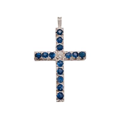 14 Karat White Gold Diamond and Blue Sapphire Cross Pendant