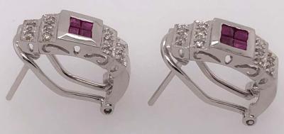 14 Karat White Gold French Back Half Hoop Ruby and Diamond Earrings