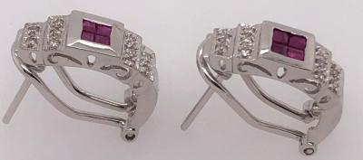 14 Karat White Gold French Back Half Hoop Ruby and Diamond Earrings