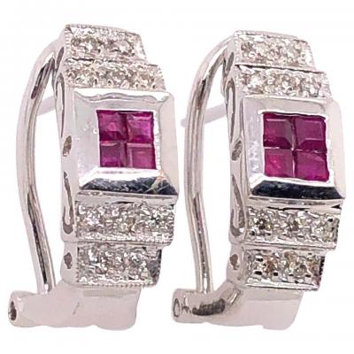 14 Karat White Gold French Back Half Hoop Ruby and Diamond Earrings