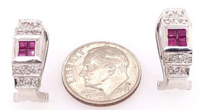 14 Karat White Gold French Back Half Hoop Ruby and Diamond Earrings