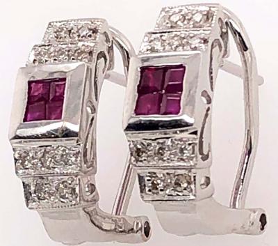 14 Karat White Gold French Back Half Hoop Ruby and Diamond Earrings