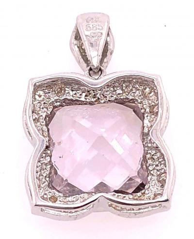 14 Karat White Gold Large Alex Cushion Cut Quartz Pendant with Diamond Accents