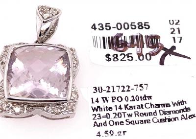 14 Karat White Gold Large Alex Cushion Cut Quartz Pendant with Diamond Accents