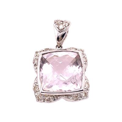 14 Karat White Gold Large Alex Cushion Cut Quartz Pendant with Diamond Accents