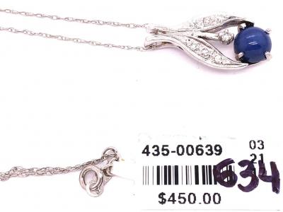 14 Karat White Gold Necklace with Cabochon Sapphire and Diamond Pendant
