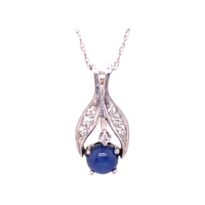 14 Karat White Gold Necklace with Cabochon Sapphire and Diamond Pendant