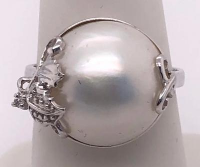 14 Karat White Gold Pearl Solitaire with Diamond Accent Ring