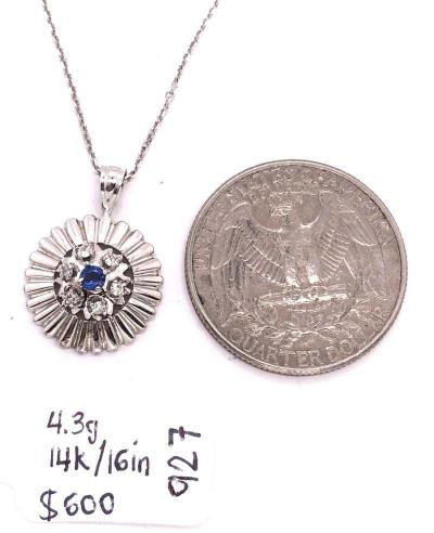 14 Karat White Gold Sapphire with Diamond Accents Pendant Necklace
