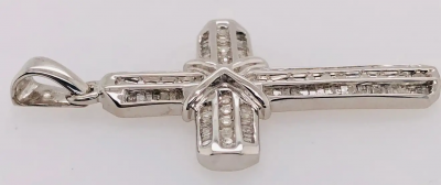 14 Karat White Gold and Diamond Cross Pendant 1 00 Total Diamond Weight