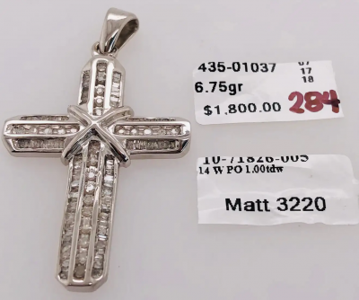 14 Karat White Gold and Diamond Cross Pendant 1 00 Total Diamond Weight