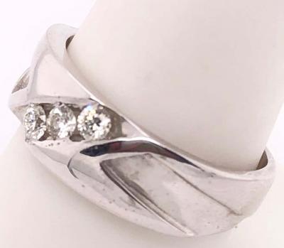 14 Karat White Gold and Diamond Three Stone Band Wedding Bridal Ring