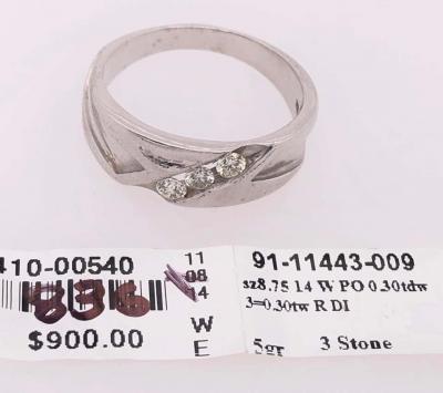 14 Karat White Gold and Diamond Three Stone Band Wedding Bridal Ring