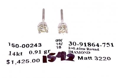 14 Karat White Gold and Round Diamond Stud Earrings Screw Back