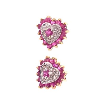 14 Karat White and Yellow Gold Button Ruby Earrings with Diamonds