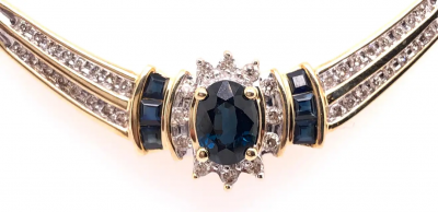 14 Karat Yellow Gold Cable Necklace with Oval Sapphire 1 00 Total Diamond Weight