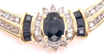 14 Karat Yellow Gold Cable Necklace with Oval Sapphire 1 00 Total Diamond Weight