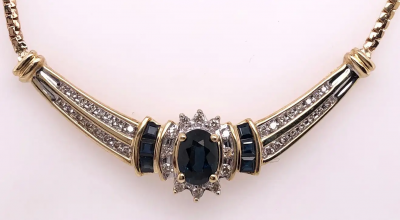 14 Karat Yellow Gold Cable Necklace with Oval Sapphire 1 00 Total Diamond Weight