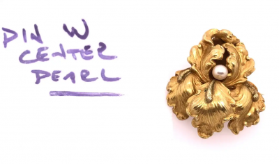 14 Karat Yellow Gold Catleya Pin Brooch with Center Pearl