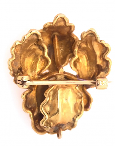 14 Karat Yellow Gold Catleya Pin Brooch with Center Pearl