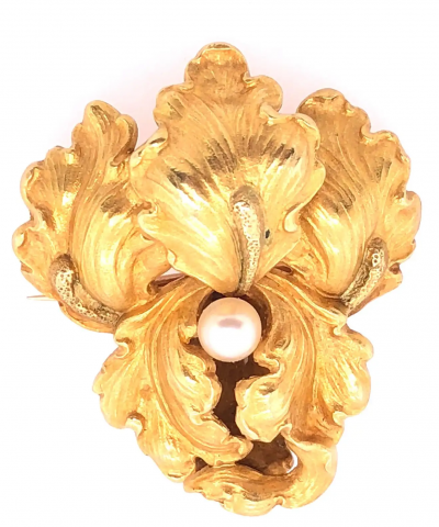 14 Karat Yellow Gold Catleya Pin Brooch with Center Pearl
