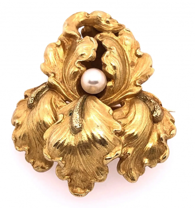 14 Karat Yellow Gold Catleya Pin Brooch with Center Pearl
