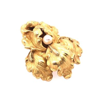 14 Karat Yellow Gold Catleya Pin Brooch with Center Pearl