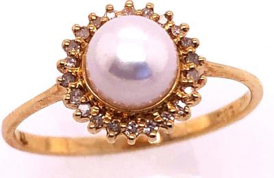 14 Karat Yellow Gold Fashion Pearl Ring with Diamonds