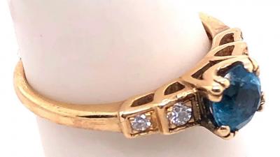 14 Karat Yellow Gold Fashion Round Blue Topaz with Diamond Accents Ring