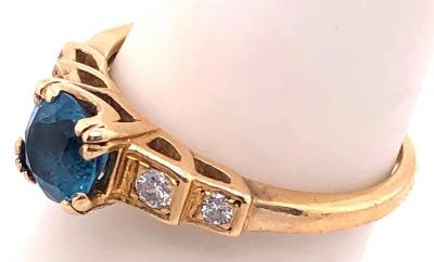 14 Karat Yellow Gold Fashion Round Blue Topaz with Diamond Accents Ring